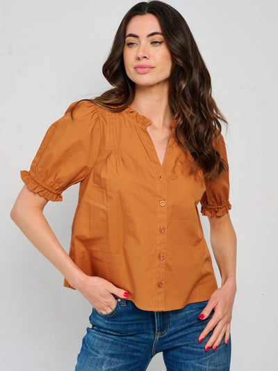 WOMEN'S SHORT PUFF SLEEVE V-NECK BUTTON UP BLOUSE