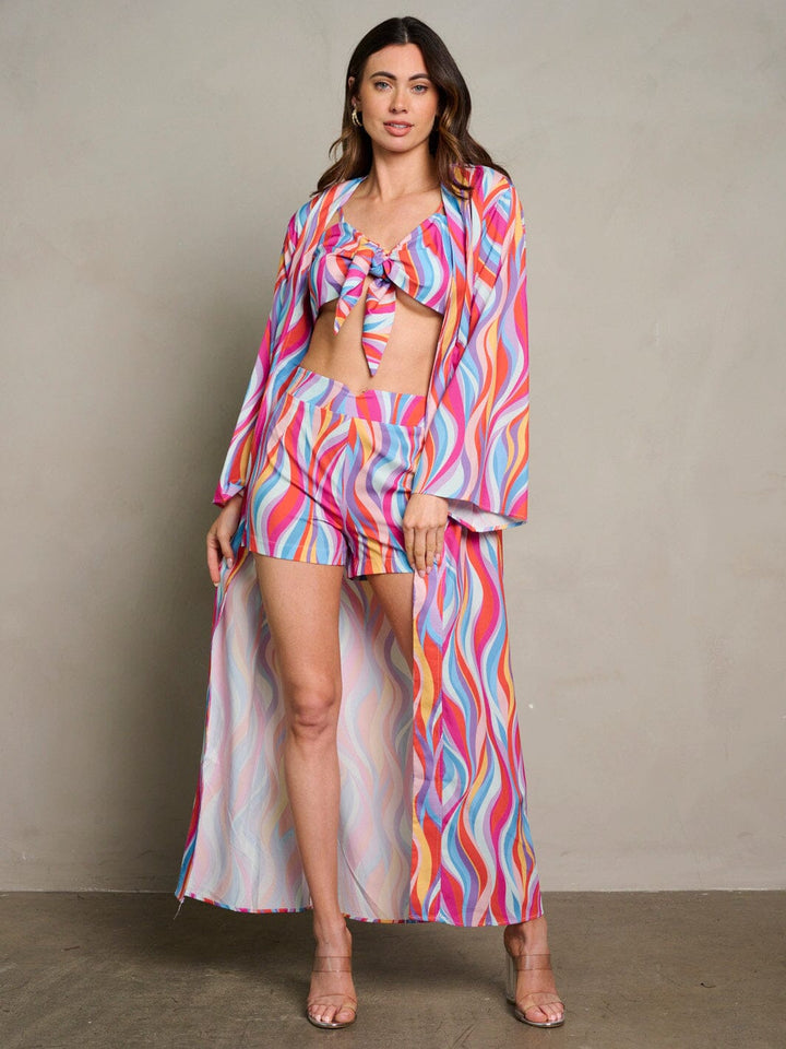 WOMEN'S CROP TOP WITH KIMONO & MINI SHORTS MULTI PRINT 3PC. SET