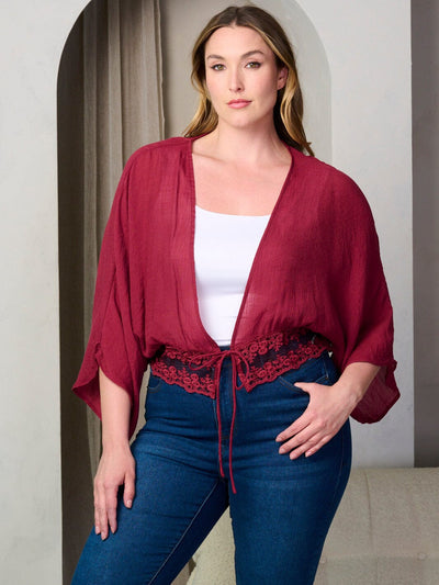 PLUS SIZE 3/4 SLEEVE LACE DETAILED OPEN FRONT BLOUSE TOP