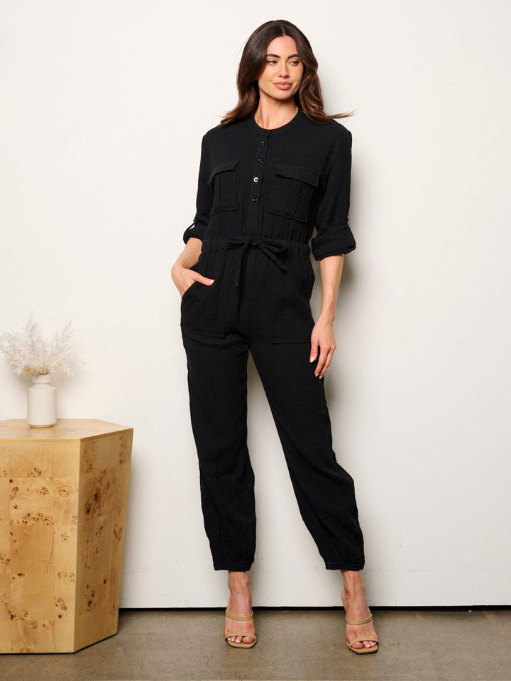 WOMEN'S LONG SLEEVE BUTTON UP SELF TIE JOGGER JUMPSUIT