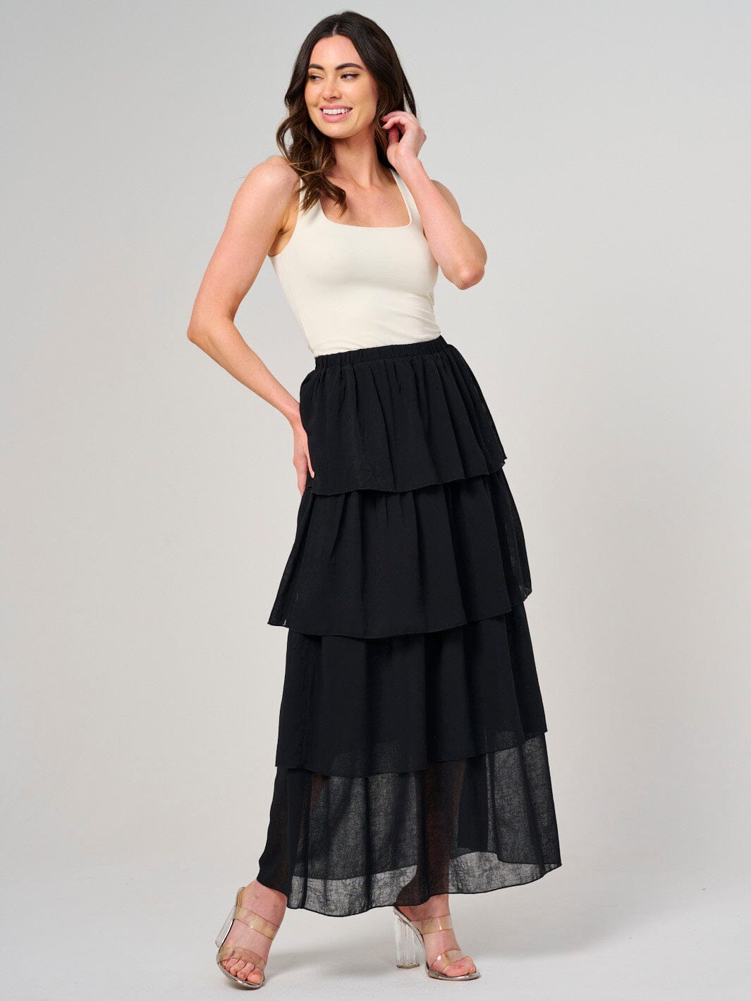 WOMEN'S ELASTIC WAIST RUFFLE TIERED MAXI SKIRT