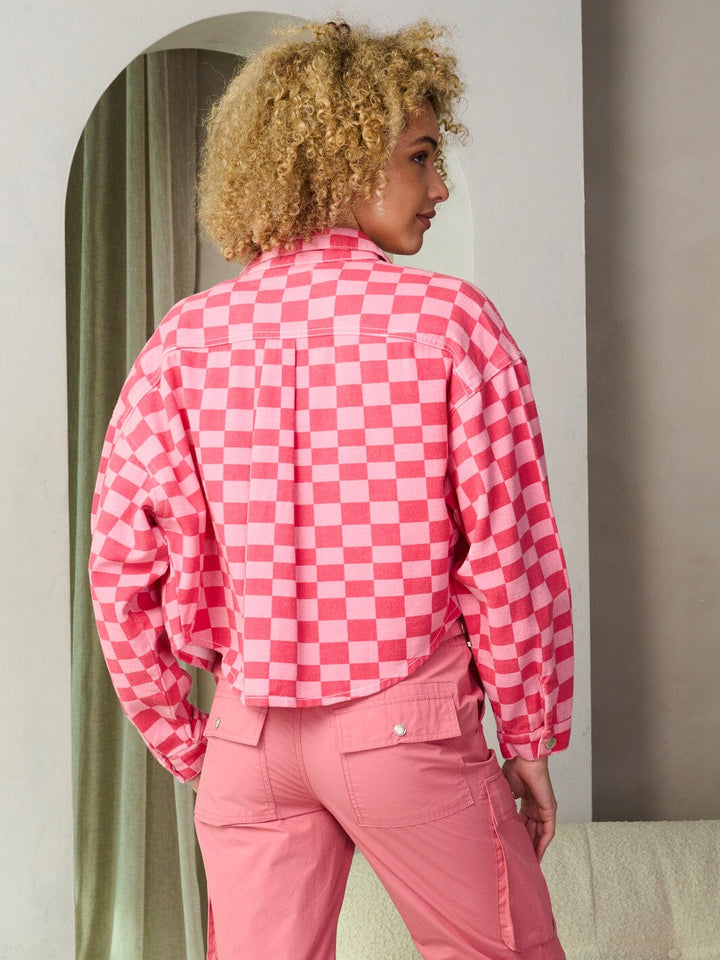 WOMEN'S LONG SLEEVE BUTTON CLOSURE CHECKERS DENIM CROP JACKET