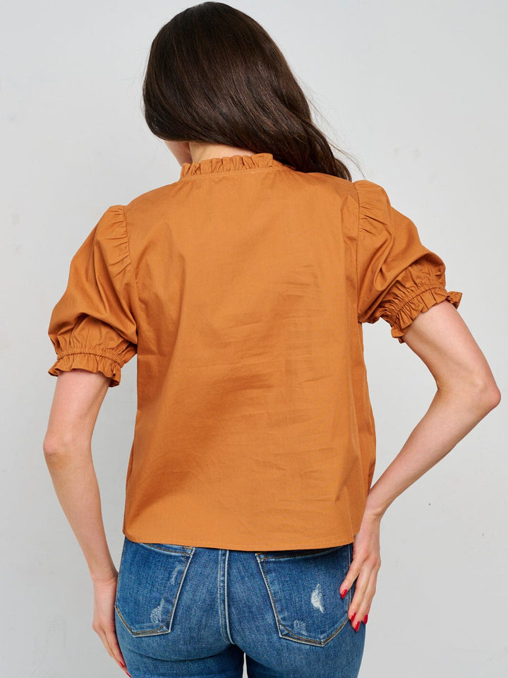 WOMEN'S SHORT PUFF SLEEVE V-NECK BUTTON UP BLOUSE