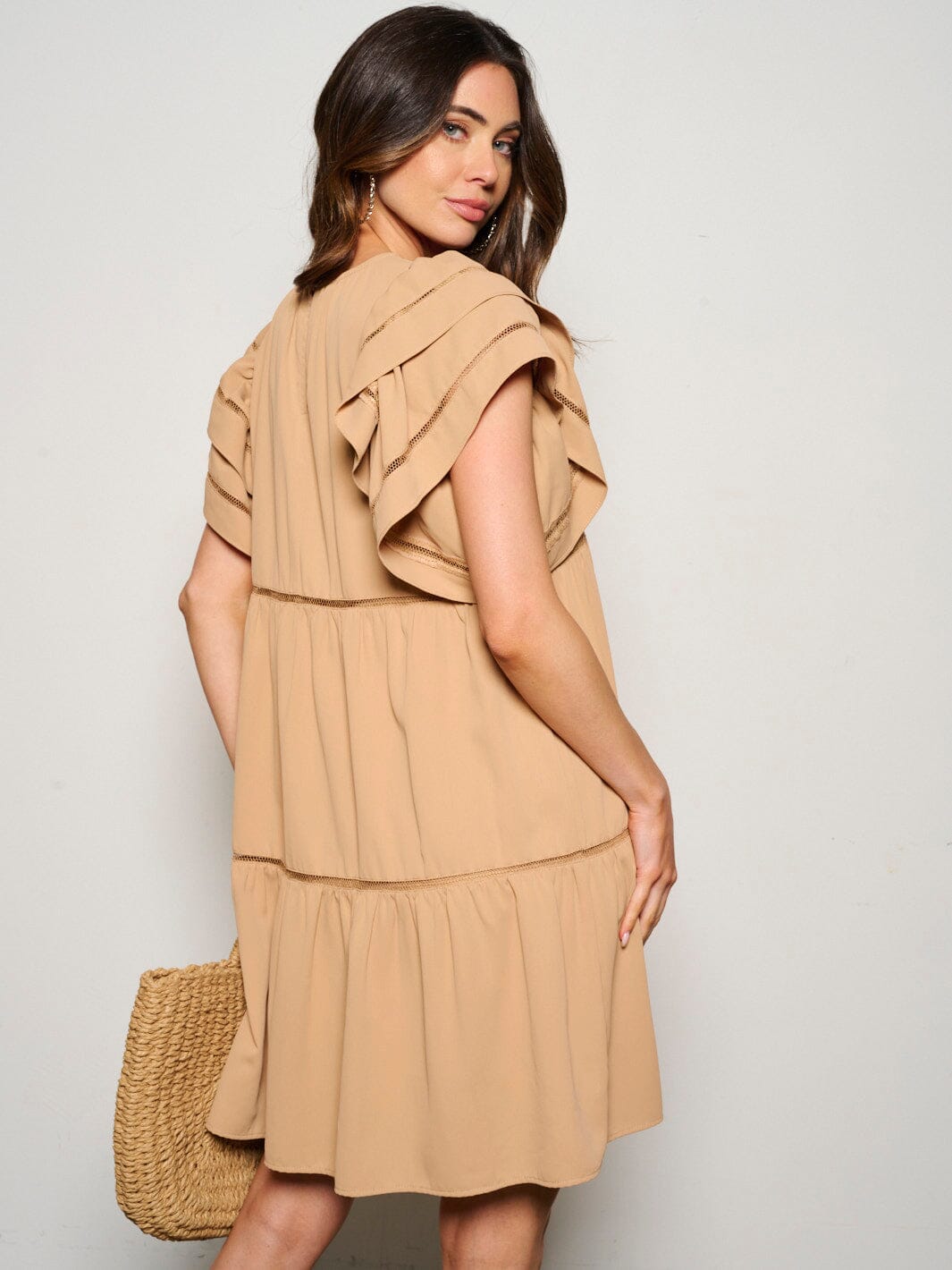 WOMEN'S SHORT RUFFLE SLEEVE TIERED TUNIC MINI DRESS