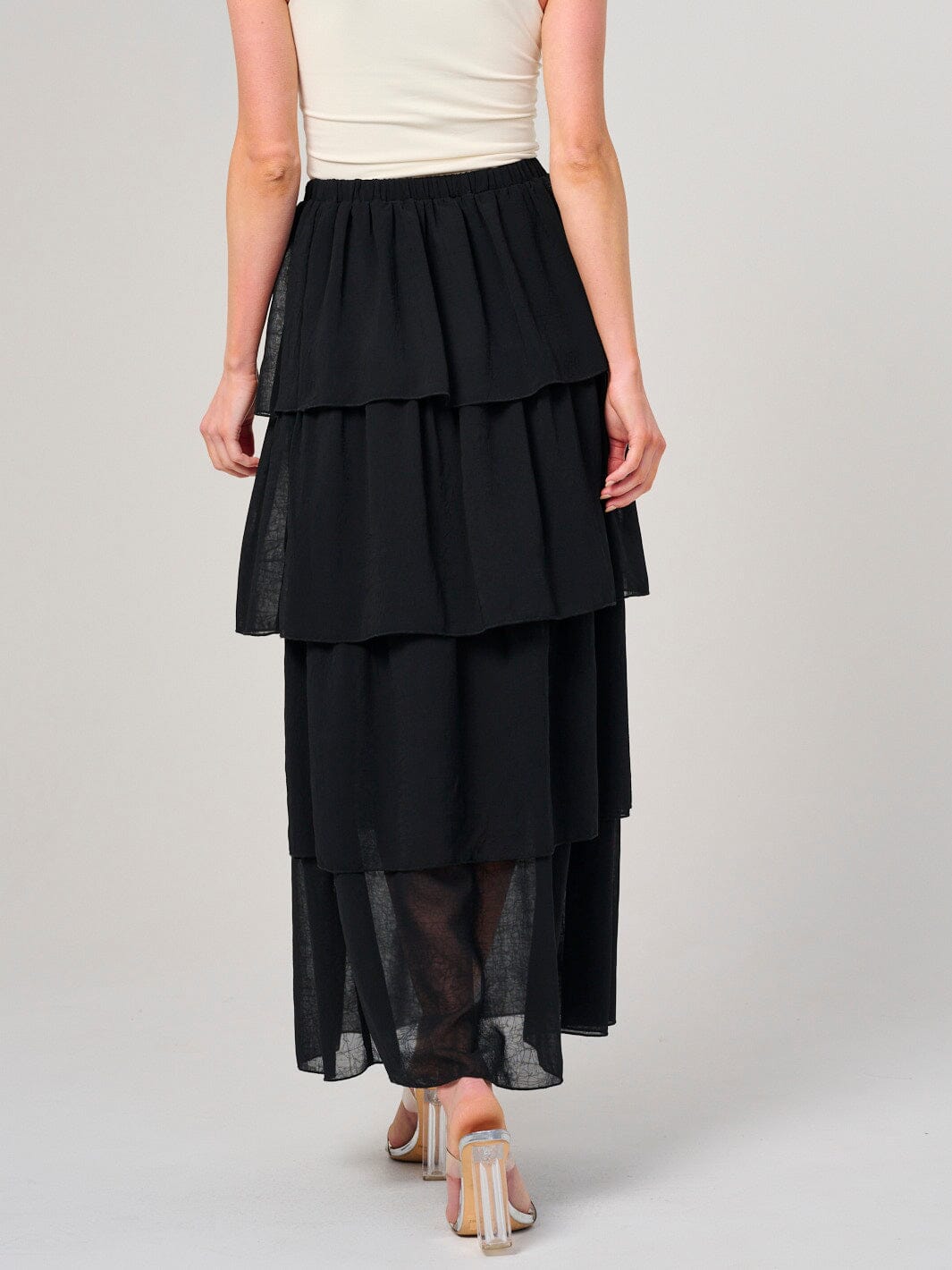 WOMEN'S ELASTIC WAIST RUFFLE TIERED MAXI SKIRT