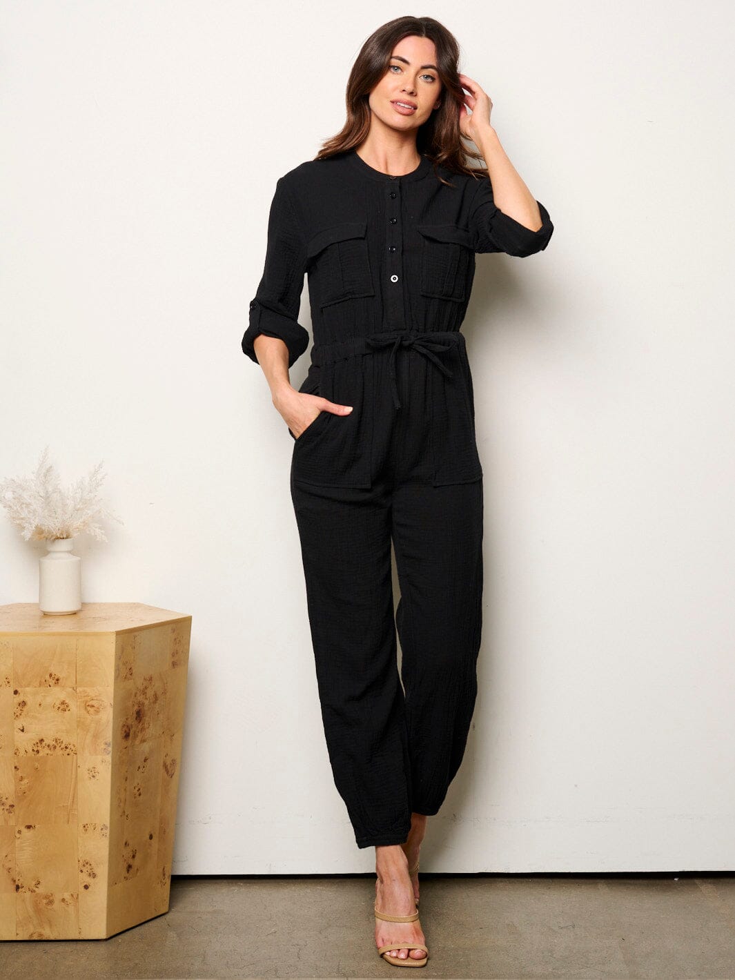 WOMEN'S LONG SLEEVE BUTTON UP SELF TIE JOGGER JUMPSUIT