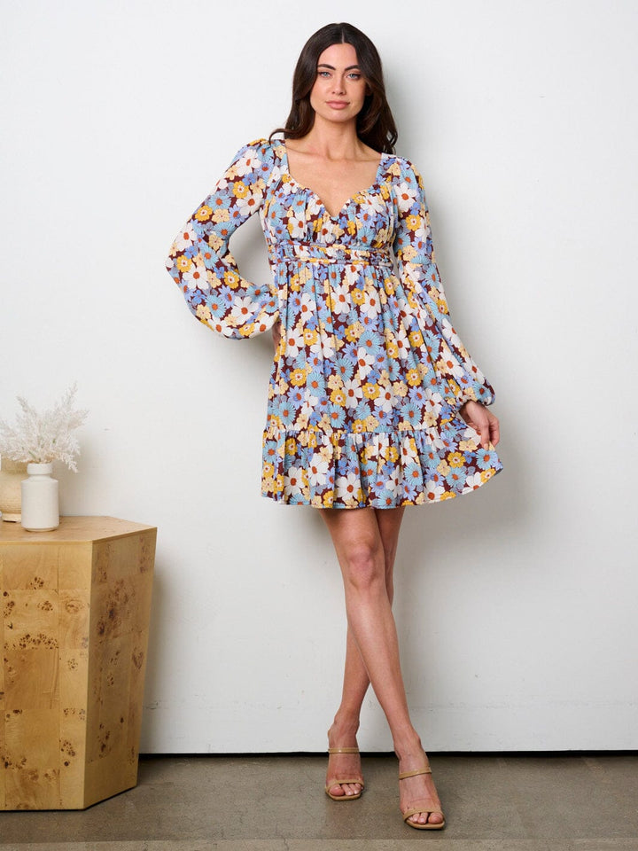 WOMEN'S LONG PUFF SLEEVE SMOCK FLORAL MINI DRESS