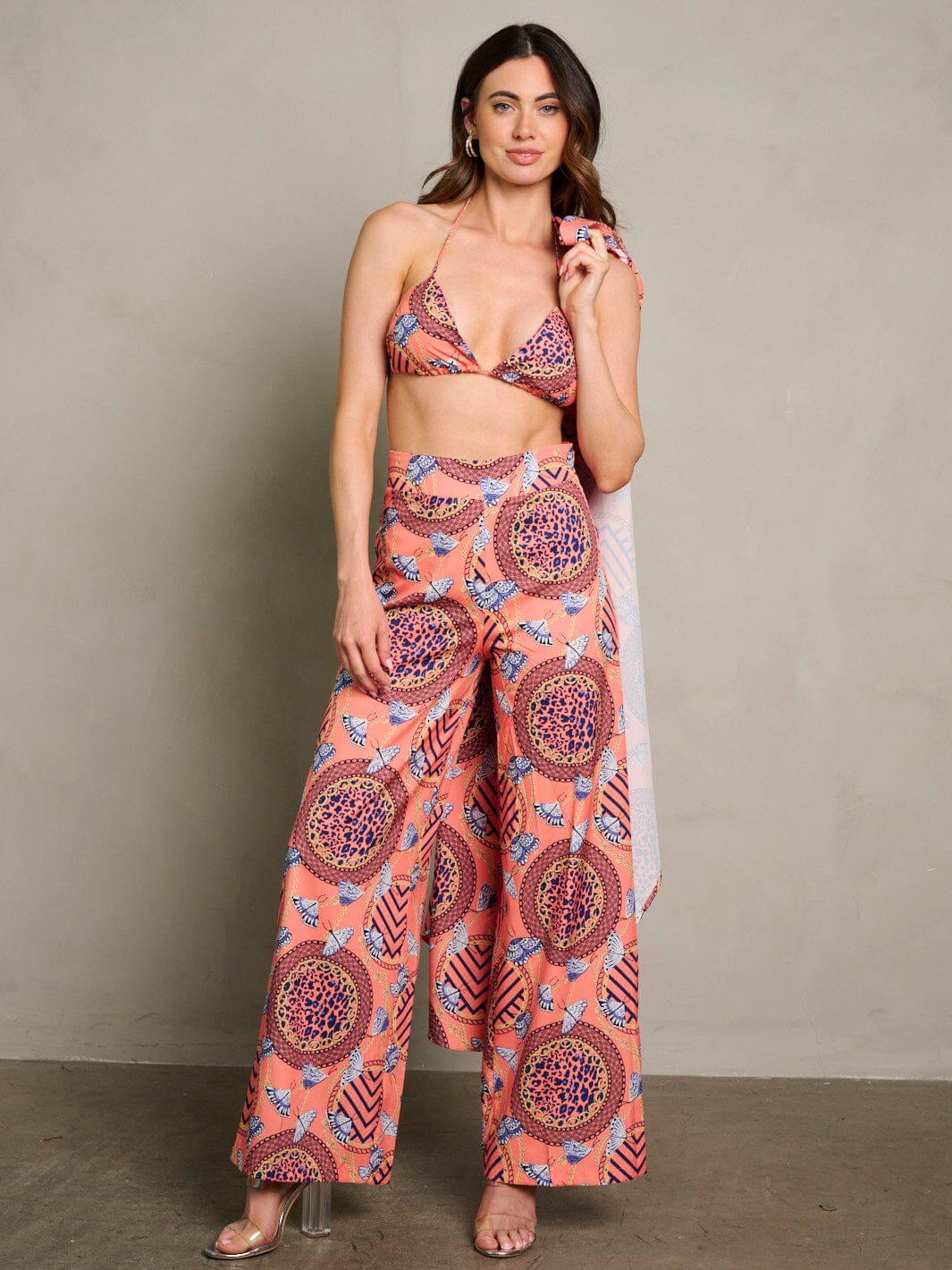 WOMEN'S CROP TOP WITH KIMONO & PANTS MULTI PRINT 3PC. SET