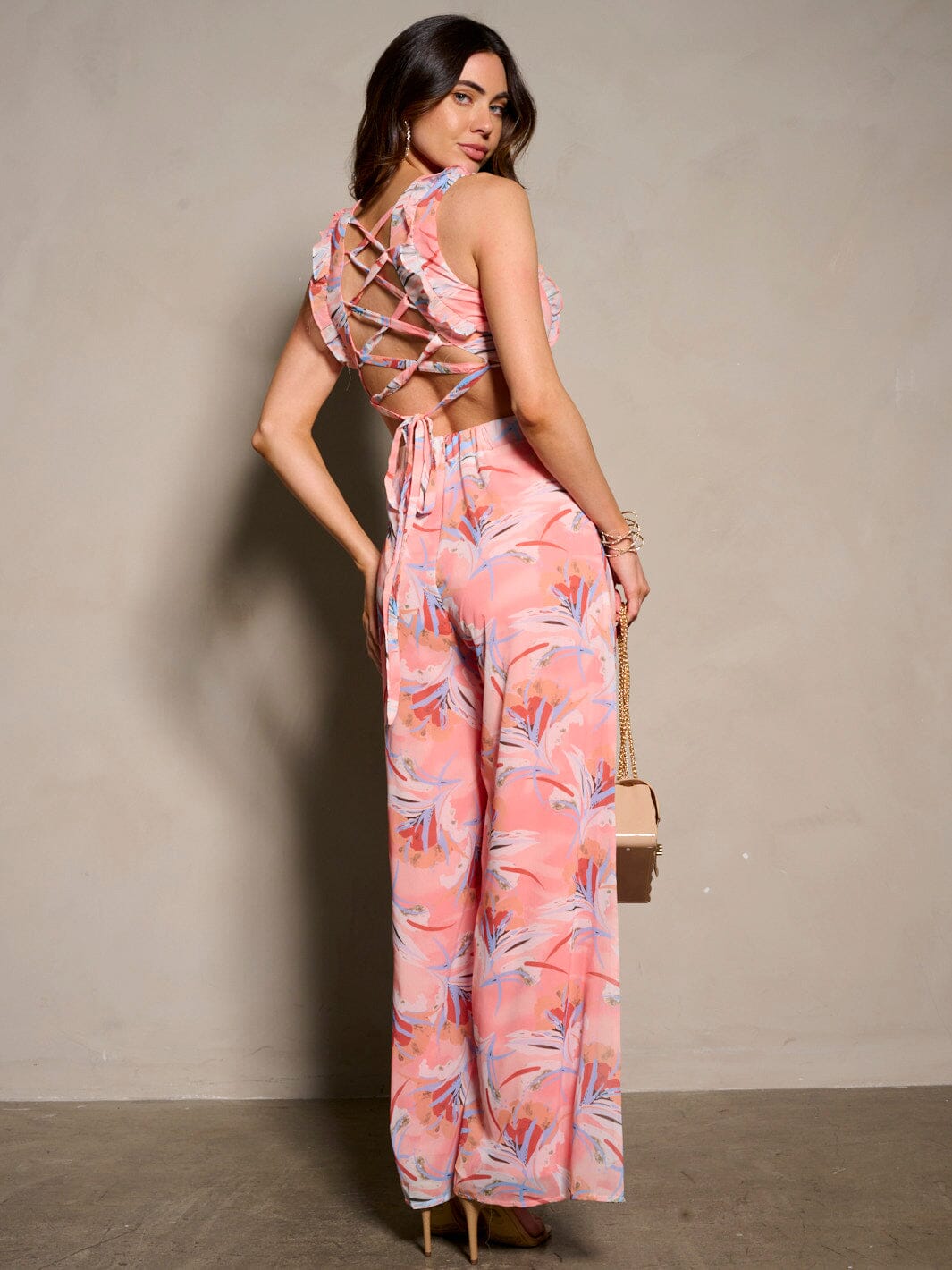 WOMEN'S SLEEVELESS CUT OUT BACK LACE UP FLORAL WIDE LEG JUMPSUIT