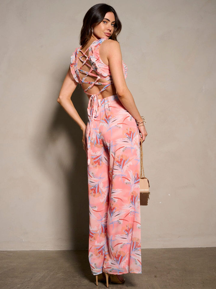 WOMEN'S SLEEVELESS CUT OUT BACK LACE UP FLORAL WIDE LEG JUMPSUIT