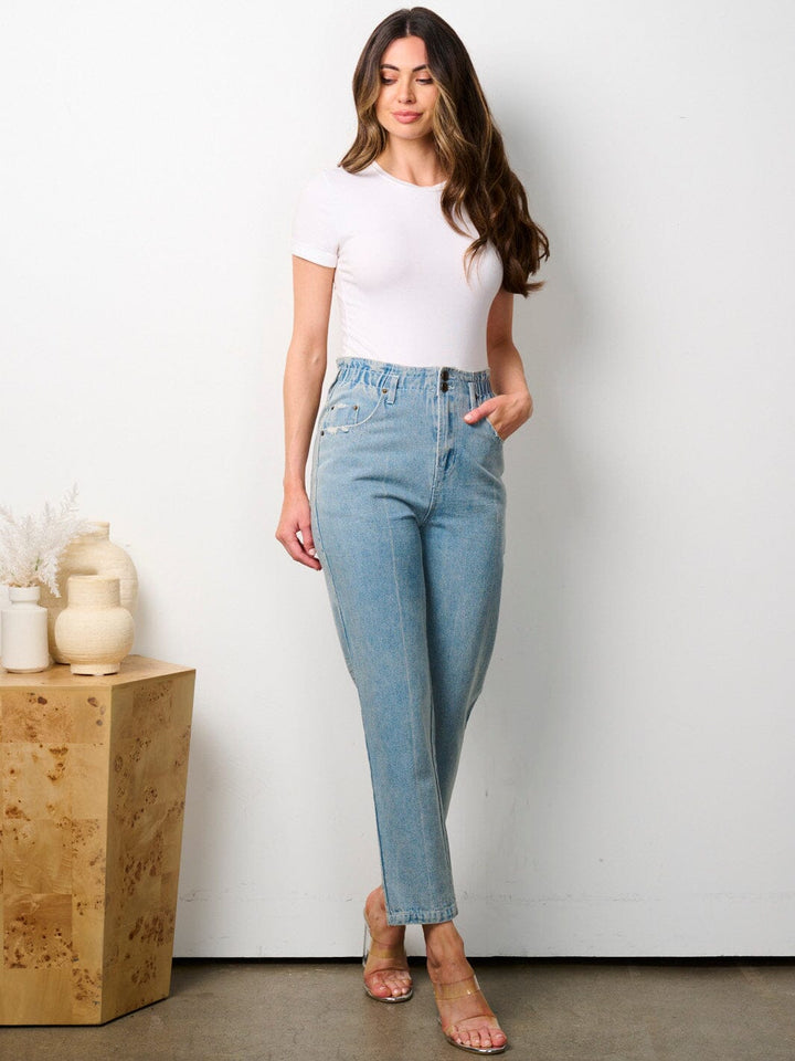 WOMEN'S ELASTIC WAIST BUTTON CLOSURE DENIM PANTS