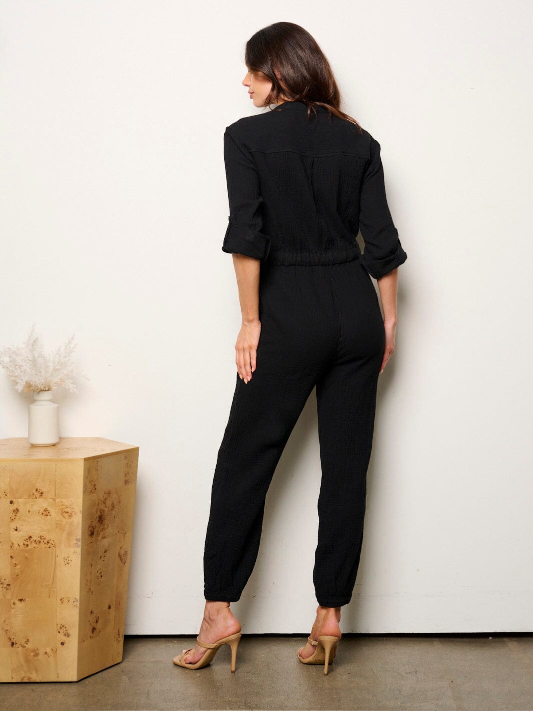 WOMEN'S LONG SLEEVE BUTTON UP SELF TIE JOGGER JUMPSUIT