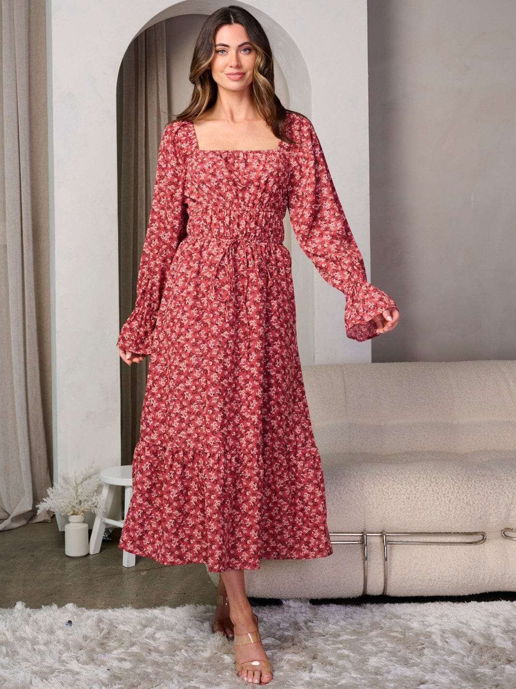 WOMEN'S LONG SLEEVE ELASTIC WAIST SQUARE NECK FLORAL MAXI DRESS