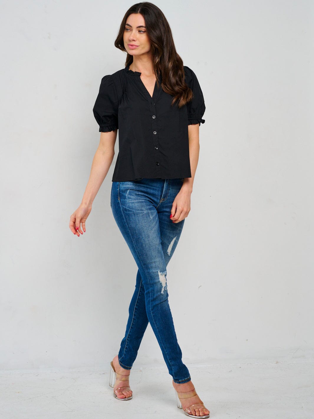 WOMEN'S SHORT PUFF SLEEVE V-NECK BUTTON UP BLOUSE