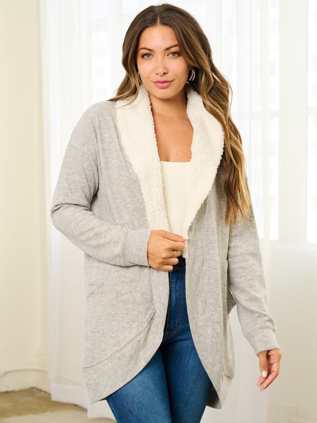 WOMEN'S LONG SLEEVE OPEN FRONT POCKETS SHERPA COLLAR CARDIGAN