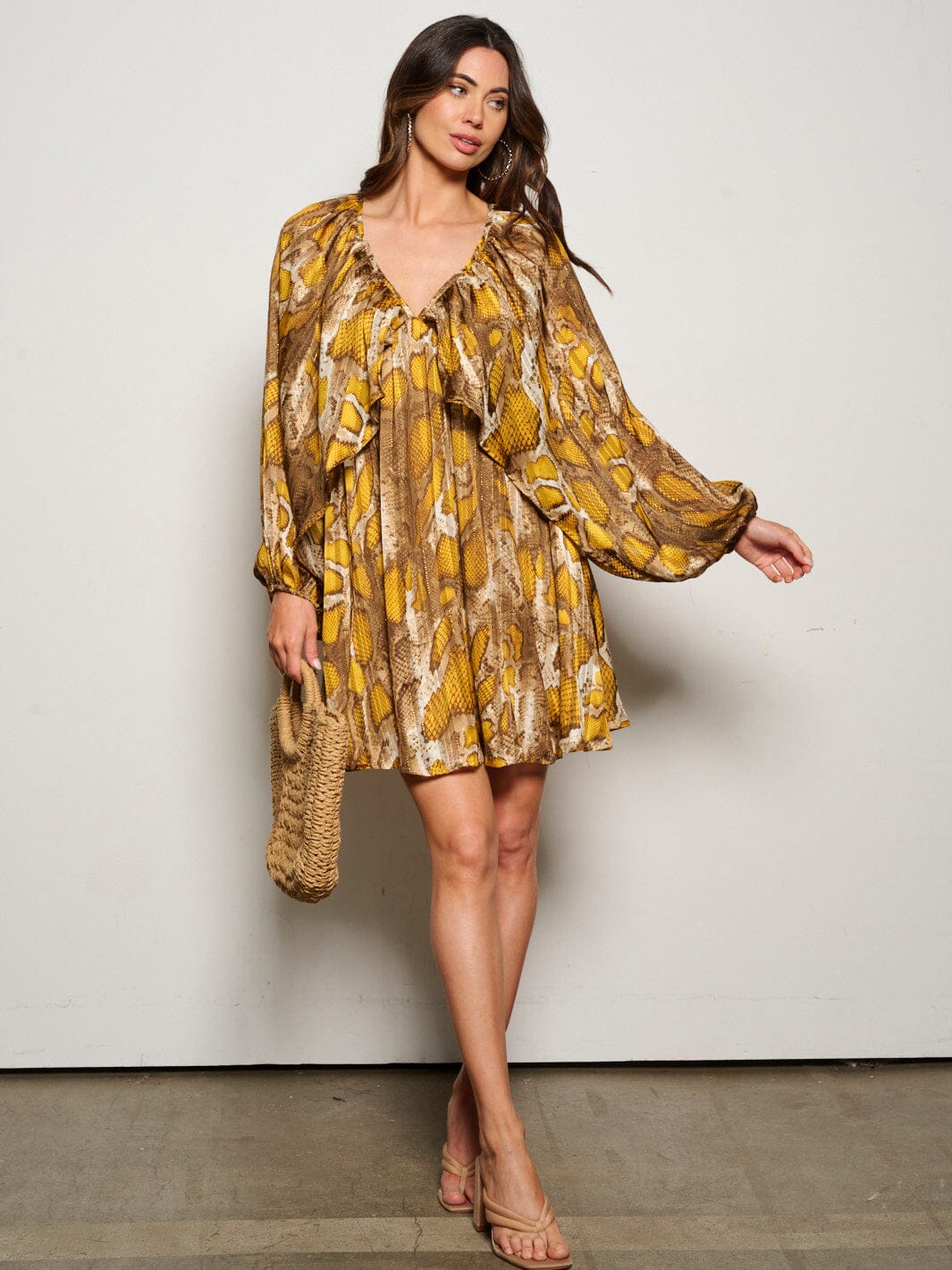 WOMEN'S LONG RUFFLE SLEEVE V-NECK TUNIC SNAKE PRINT MINI DRESS