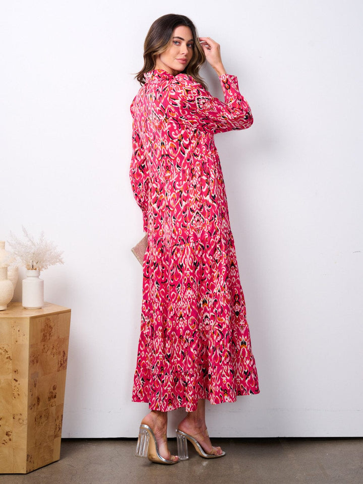 WOMEN'S LONG SLEEVE POCKETS MULTI PRINT BUTTON UP MAXI DRESS