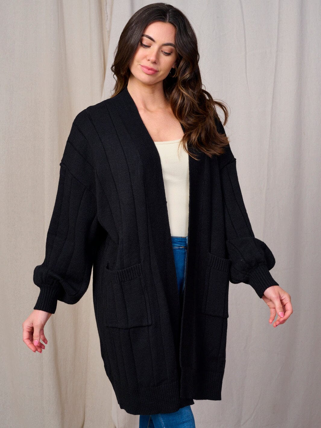 WOMEN'S LONG SLEEVE OPEN FRONT POCKETS CARDIGAN