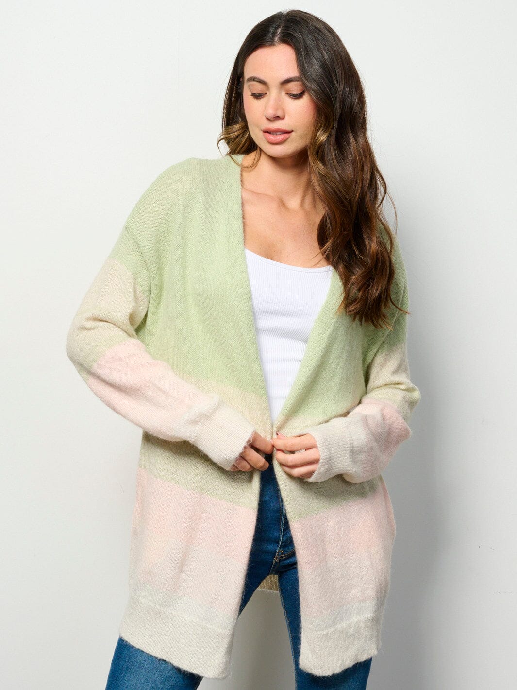WOMEN'S LONG SLEEVE OPEN FRONT POCKETS COLORBLOCK CARDIGAN