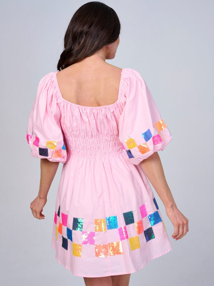 WOMEN'S SHORT PUFF SLEEVE SMOCK WAIST MULTI SEQUINS MINI DRESS