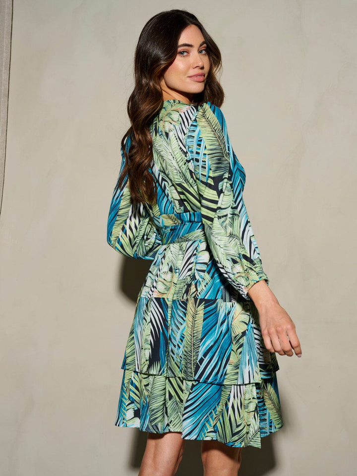 WOMEN'S LONG SLEEVE SURPLICE RUFFLE MULTI PRINT MINI DRESS