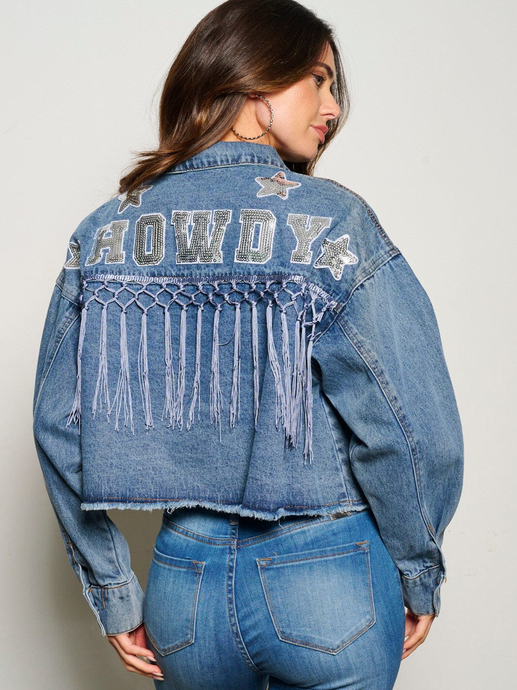 WOMEN'S LONG SLEEVE BUTTON CLOSURE FRINGE HOWDY POCKETS DENIM JACKET