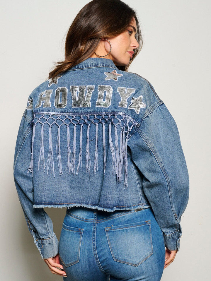 WOMEN'S LONG SLEEVE BUTTON CLOSURE FRINGE HOWDY POCKETS DENIM JACKET