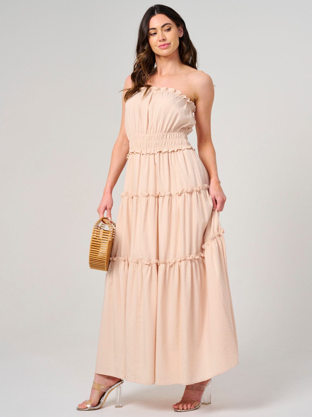 WOMEN'S SLEEVELESS SMOCK WAIST TIERED MAXI DRESS