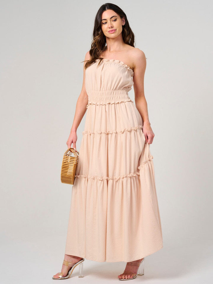 WOMEN'S SLEEVELESS SMOCK WAIST TIERED MAXI DRESS