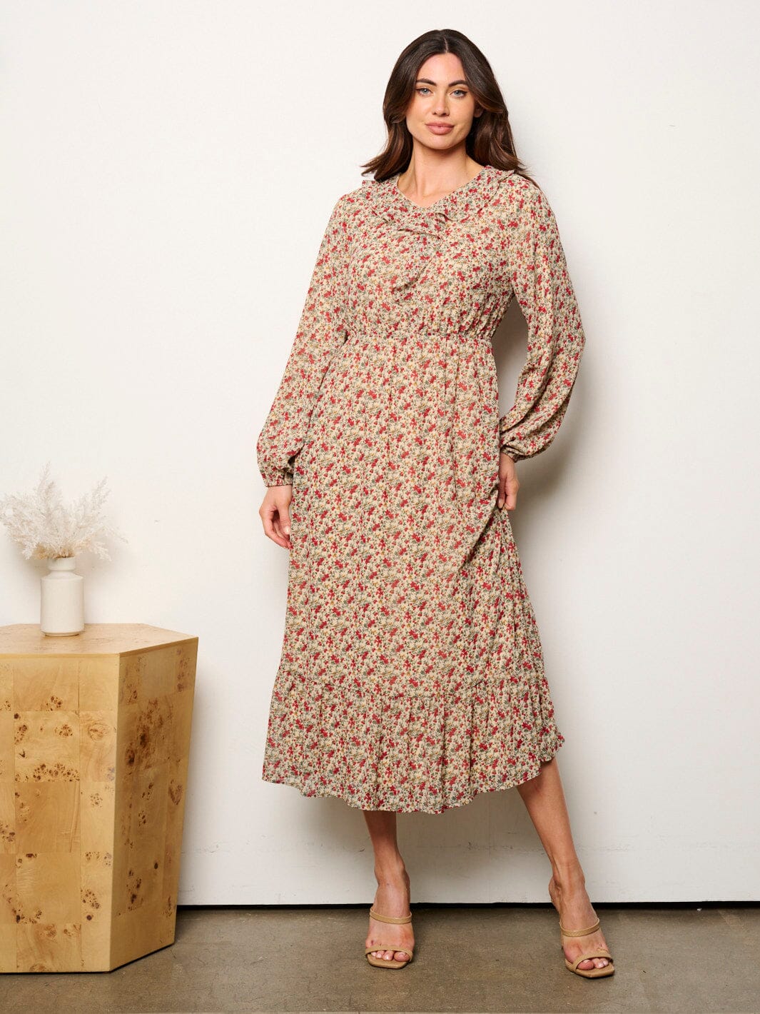 WOMEN'S LONG SLEEVE V-NECK ELASTIC WAIST FLORAL MIDI DRESS