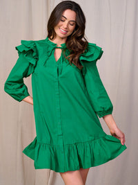 WOMEN'S 3/4 SLEEVES V-NECK BUTTON CLOSURE POCKETS RUFFLE MINI DRESS