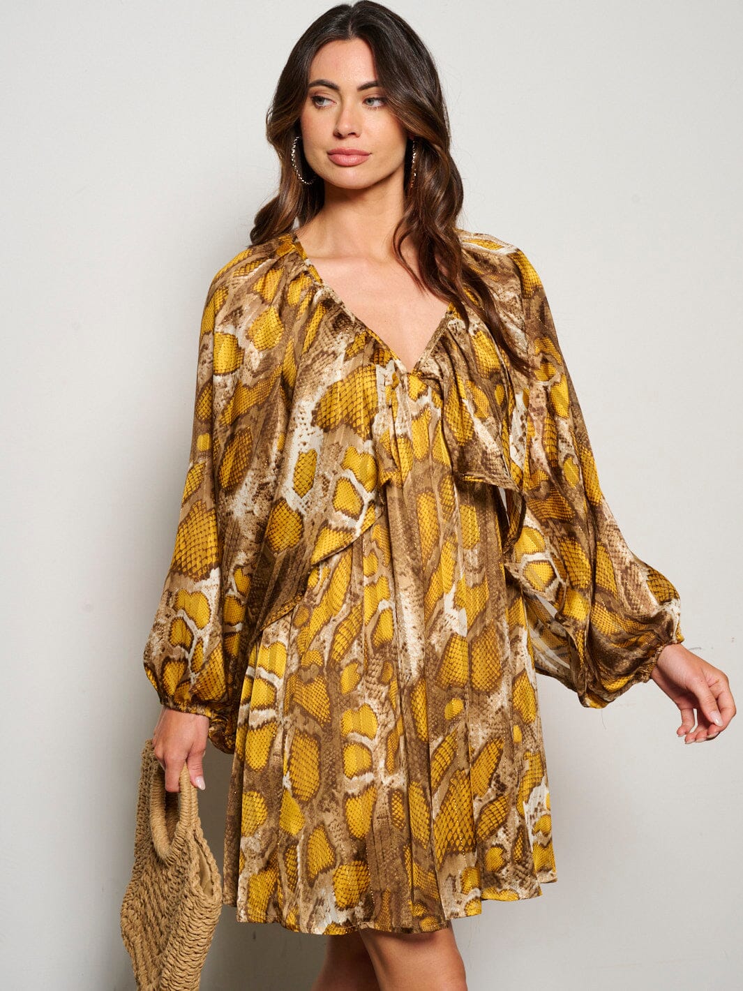 WOMEN'S LONG RUFFLE SLEEVE V-NECK TUNIC SNAKE PRINT MINI DRESS