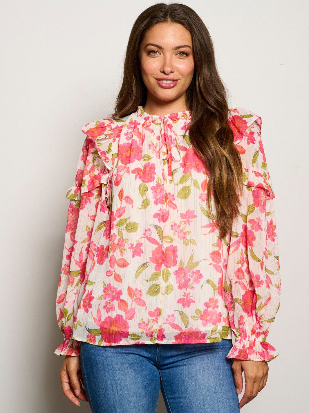 WOMEN'S LONG SLEEVE MOCK NECK RUFFLE FLORAL BLOUSE TOP