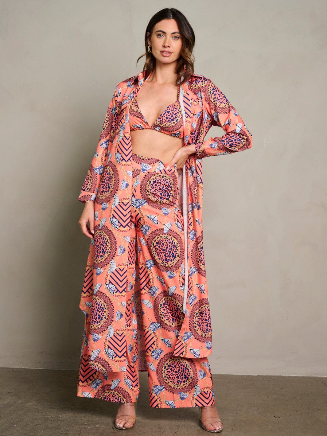 WOMEN'S CROP TOP WITH KIMONO & PANTS MULTI PRINT 3PC. SET