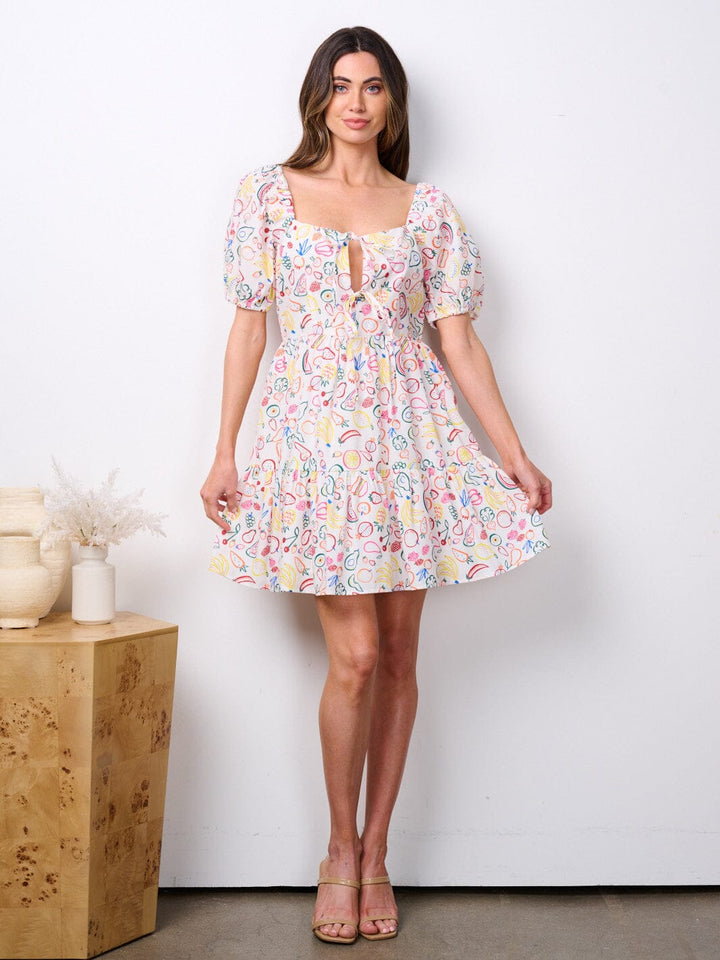 WOMEN'S SHORT PUFF LEEVE FRUIT PRINT MINI DRESS