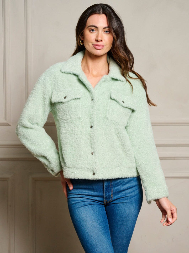 WOMEN'S LONG SLEEVE POCKETS BUTTON UP FUZZY JACKET