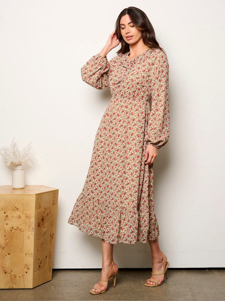 WOMEN'S LONG SLEEVE V-NECK ELASTIC WAIST FLORAL MIDI DRESS