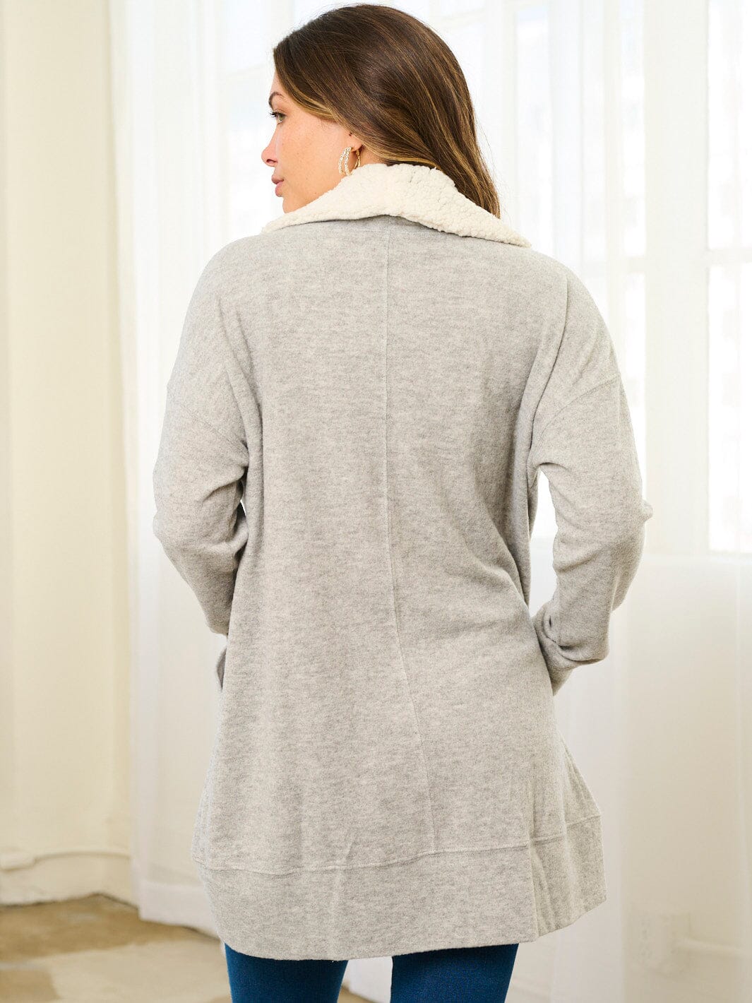 WOMEN'S LONG SLEEVE OPEN FRONT POCKETS SHERPA COLLAR CARDIGAN