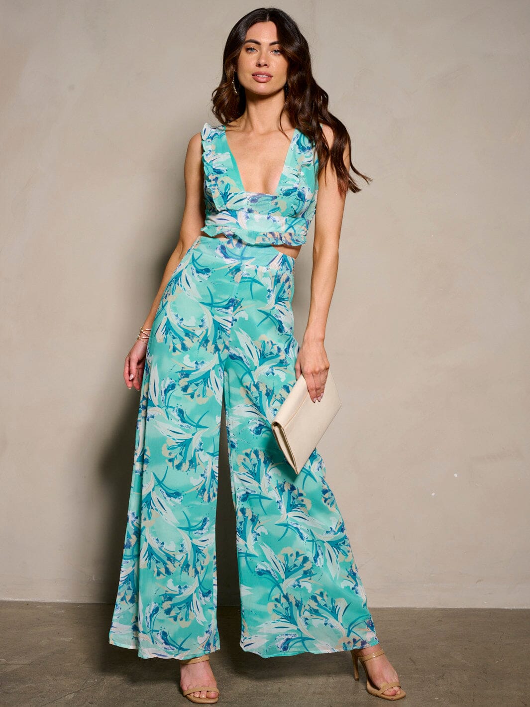 WOMEN'S SLEEVELESS CUT OUT BACK LACE UP FLORAL WIDE LEG JUMPSUIT