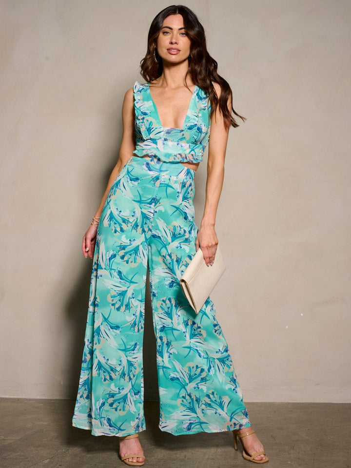 WOMEN'S SLEEVELESS CUT OUT BACK LACE UP FLORAL WIDE LEG JUMPSUIT