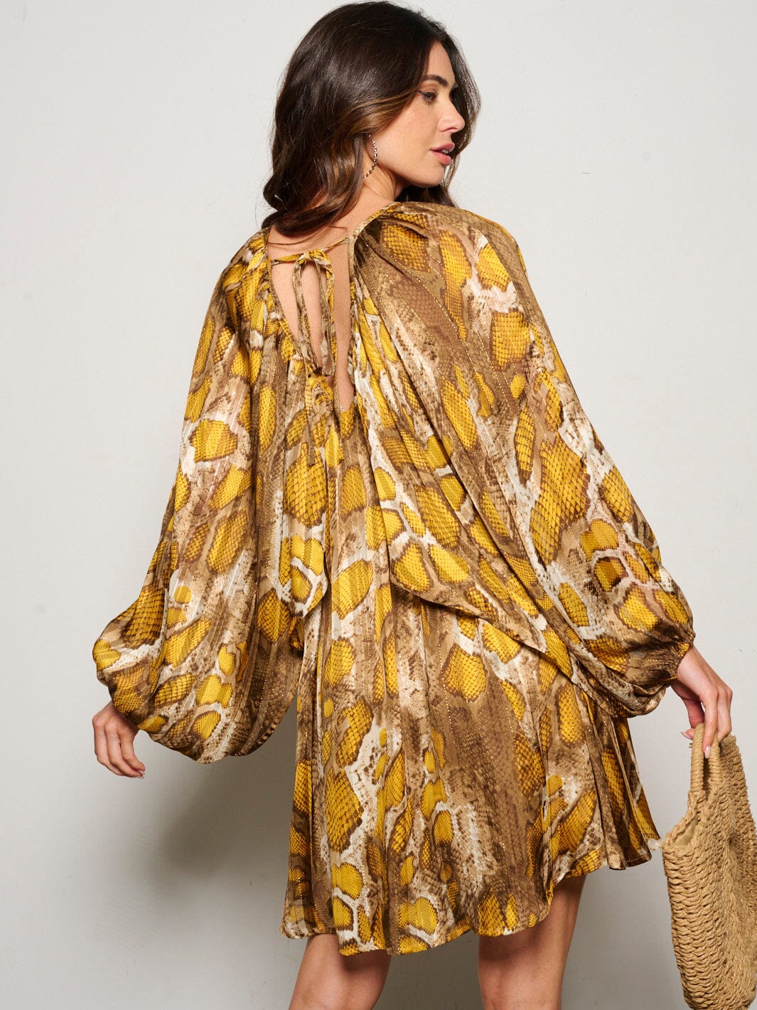 WOMEN'S LONG RUFFLE SLEEVE V-NECK TUNIC SNAKE PRINT MINI DRESS
