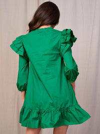 WOMEN'S 3/4 SLEEVES V-NECK BUTTON CLOSURE POCKETS RUFFLE MINI DRESS