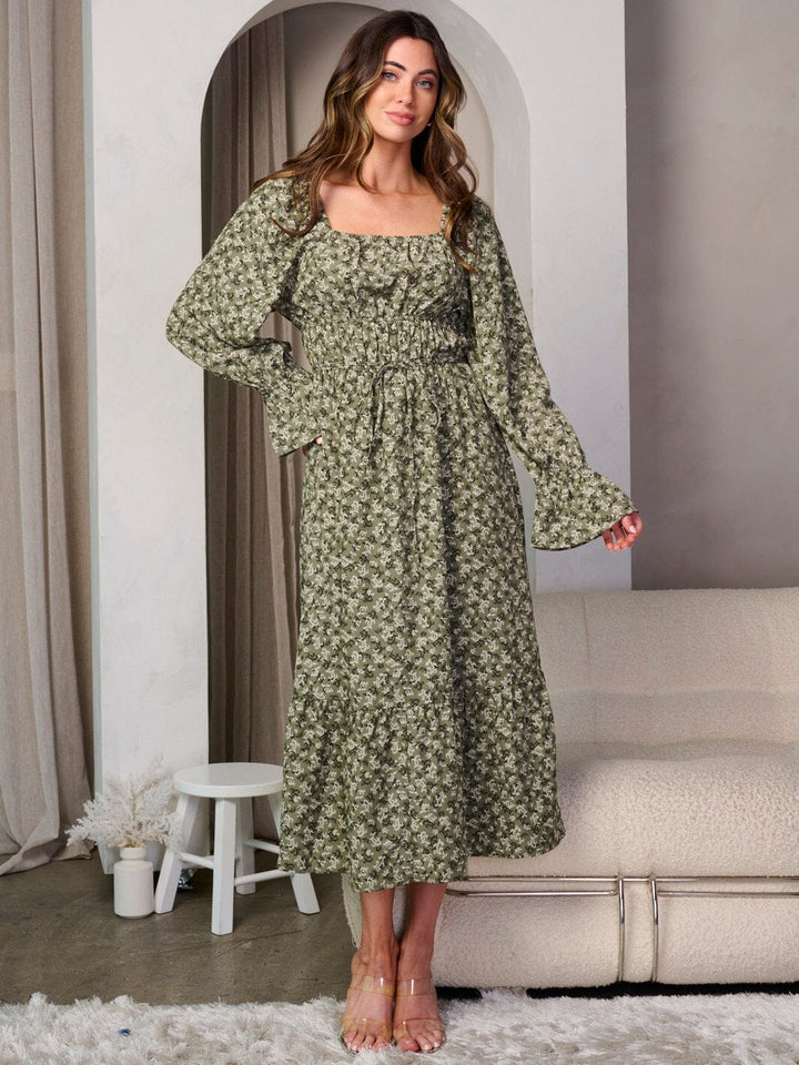 WOMEN'S LONG SLEEVE ELASTIC WAIST SQUARE NECK FLORAL MAXI DRESS