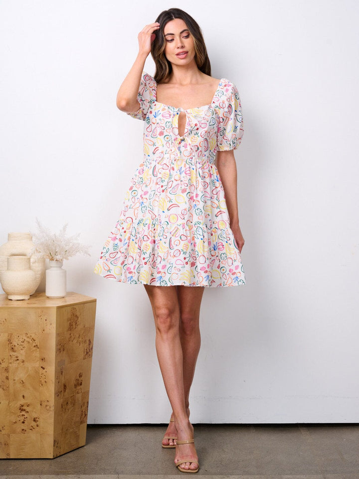 WOMEN'S SHORT PUFF LEEVE FRUIT PRINT MINI DRESS