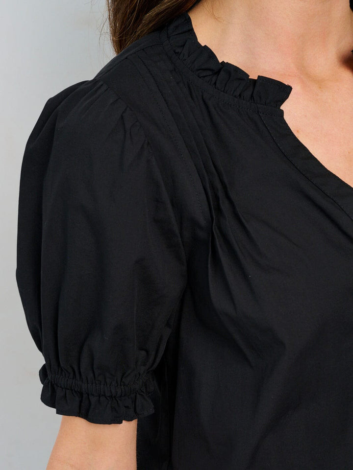 WOMEN'S SHORT PUFF SLEEVE V-NECK BUTTON UP BLOUSE