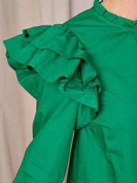 WOMEN'S 3/4 SLEEVES V-NECK BUTTON CLOSURE POCKETS RUFFLE MINI DRESS