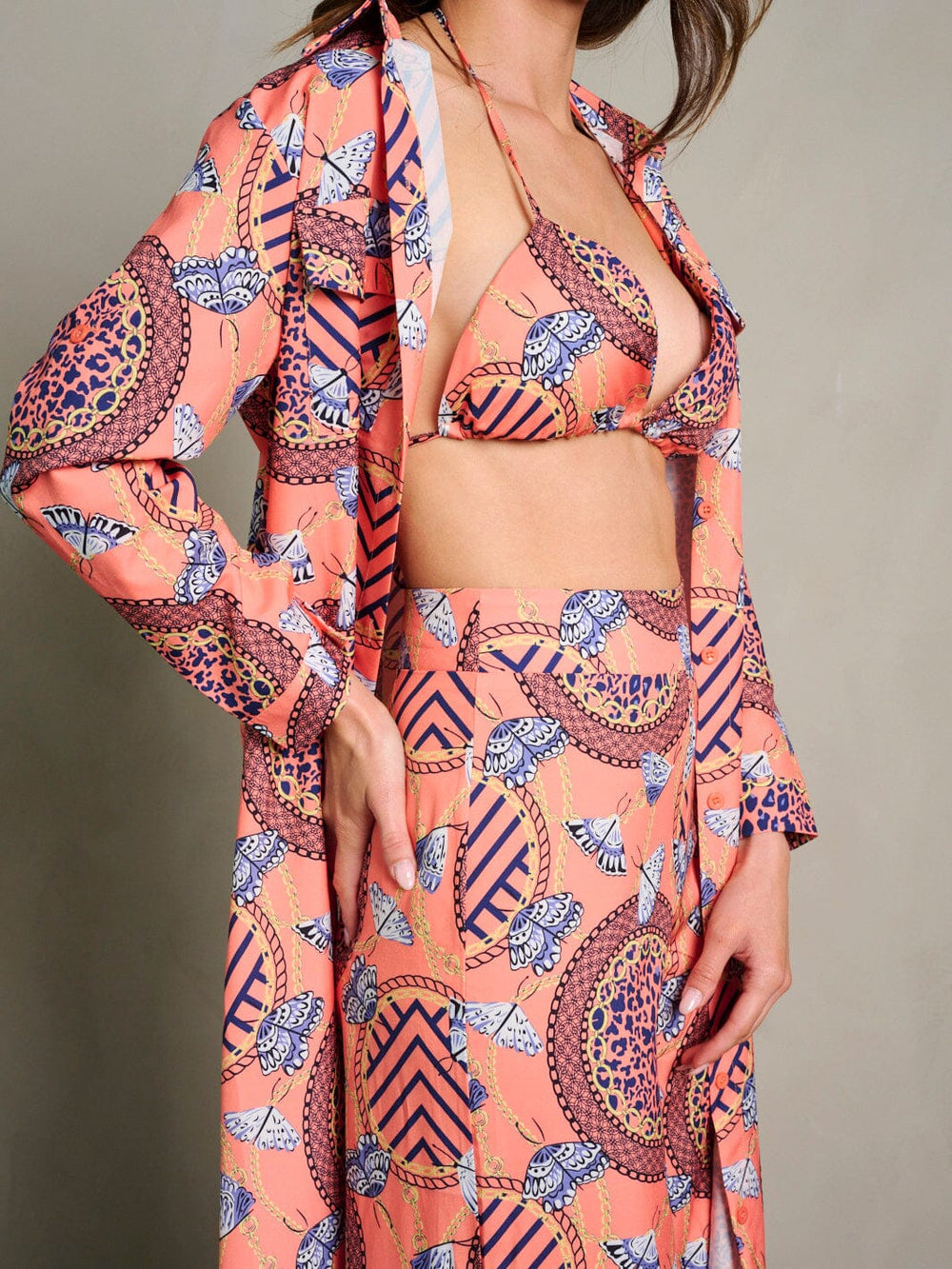 WOMEN'S CROP TOP WITH KIMONO & PANTS MULTI PRINT 3PC. SET