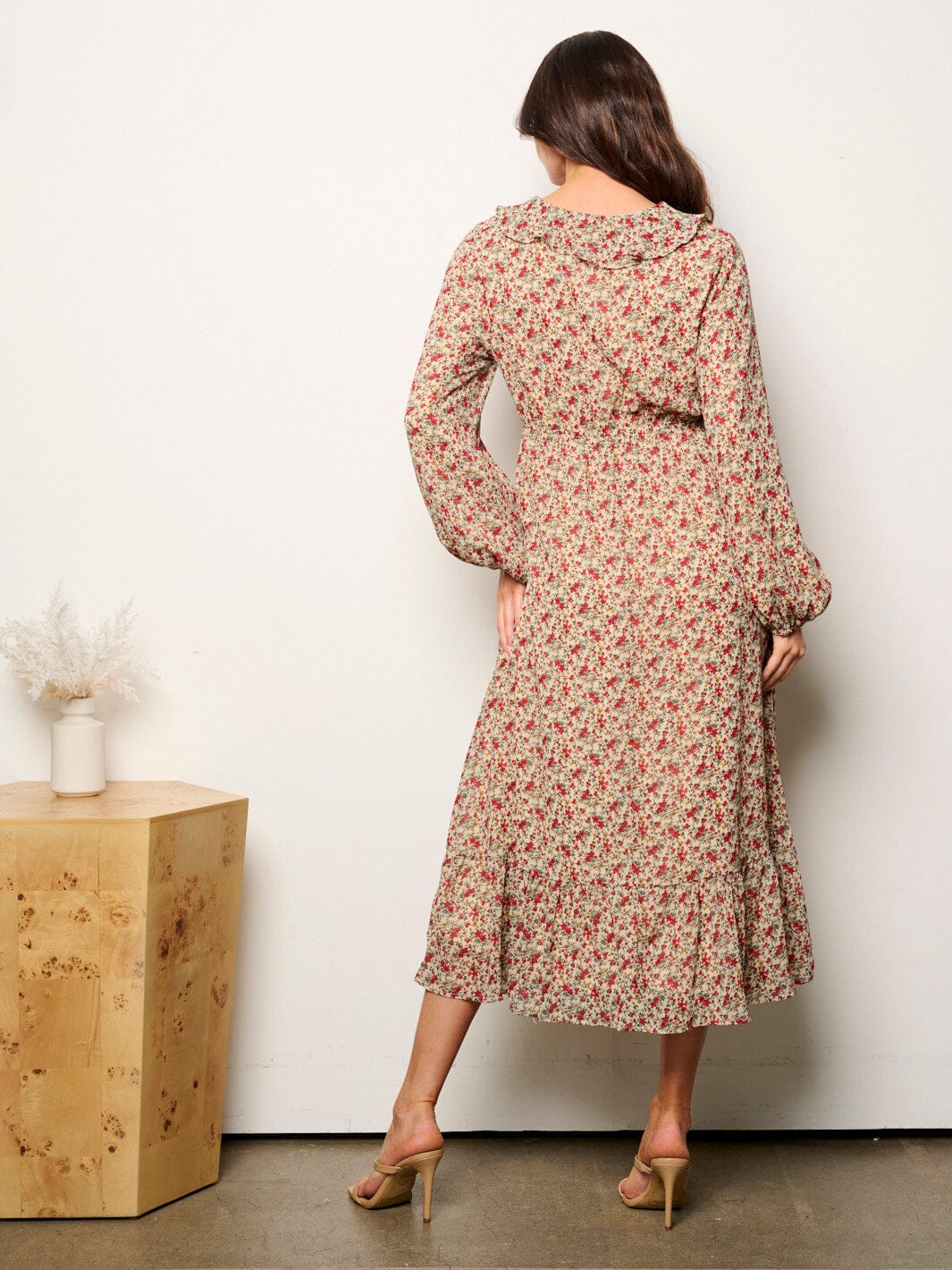 WOMEN'S LONG SLEEVE V-NECK ELASTIC WAIST FLORAL MIDI DRESS