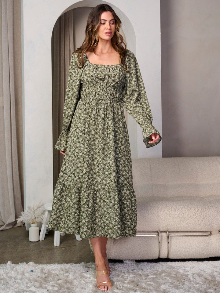 WOMEN'S LONG SLEEVE ELASTIC WAIST SQUARE NECK FLORAL MAXI DRESS
