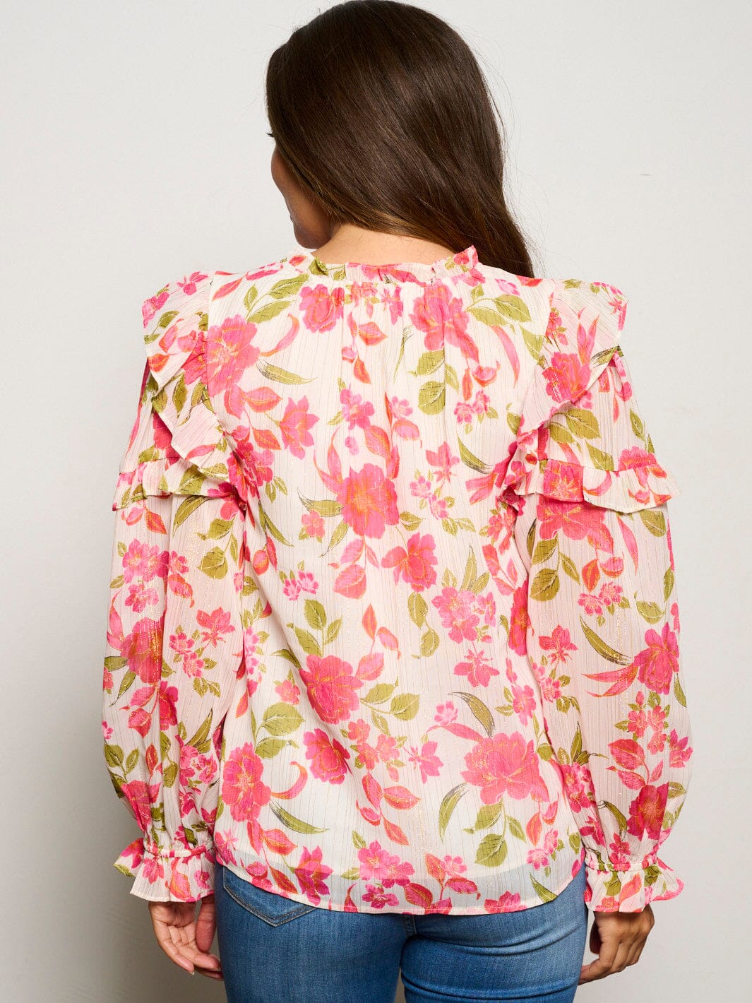 WOMEN'S LONG SLEEVE MOCK NECK RUFFLE FLORAL BLOUSE TOP